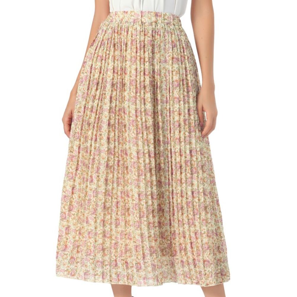 Women Elastic Waist Casual Floral Pleated Maxi Skirt Apricot